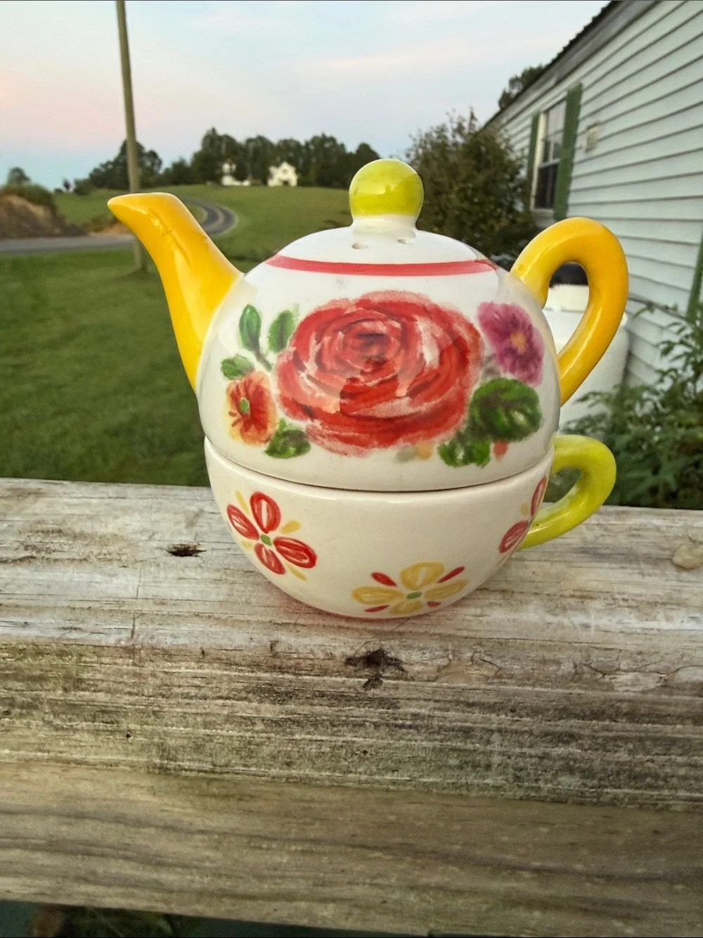 Hand-Painted Floral Teapot and Cup Set - Yellow Accent salt and pepper shakers